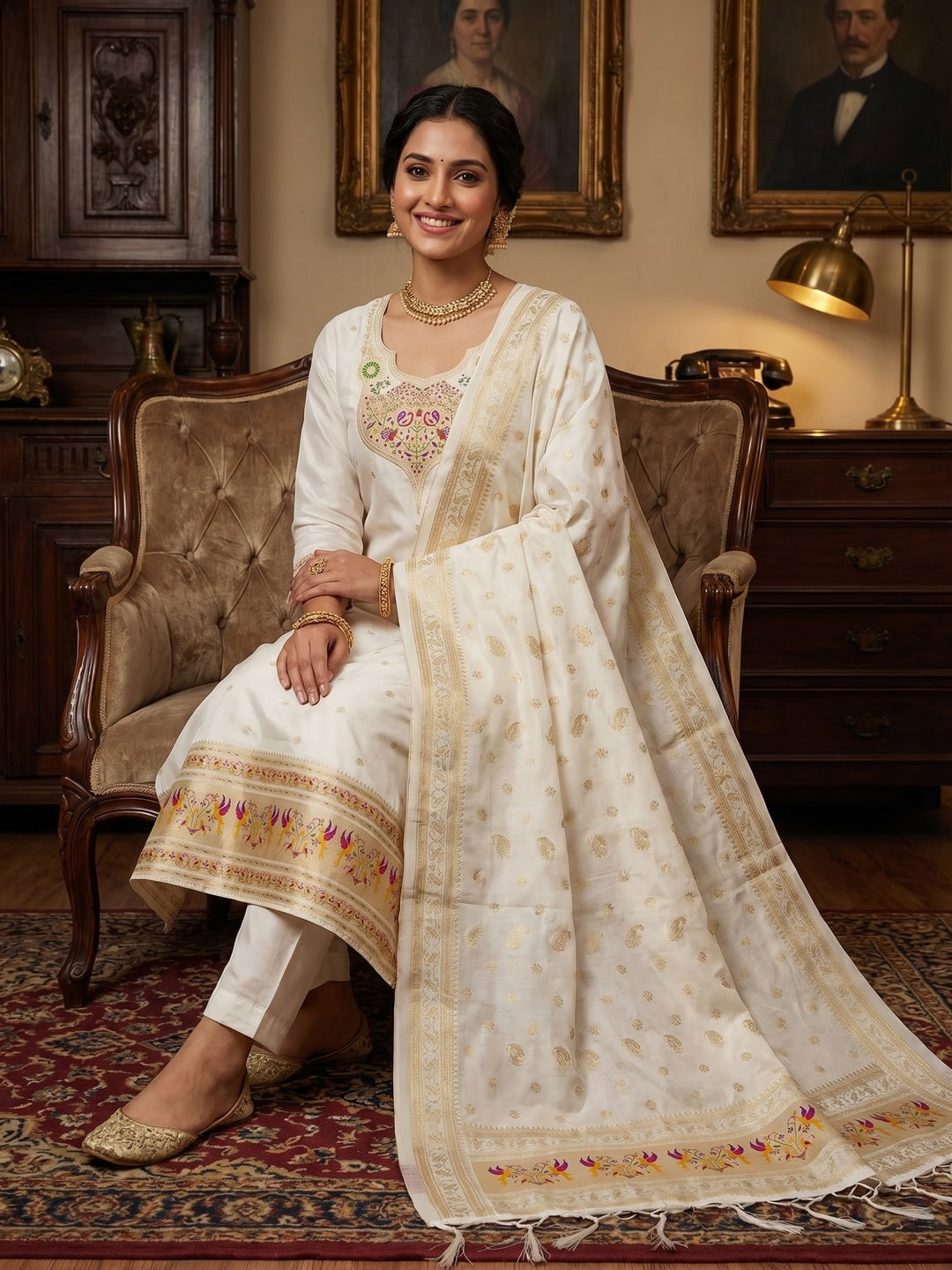 Elegant White Banarasi Silk Unstitched Dress Material with Dupatta - Image 1