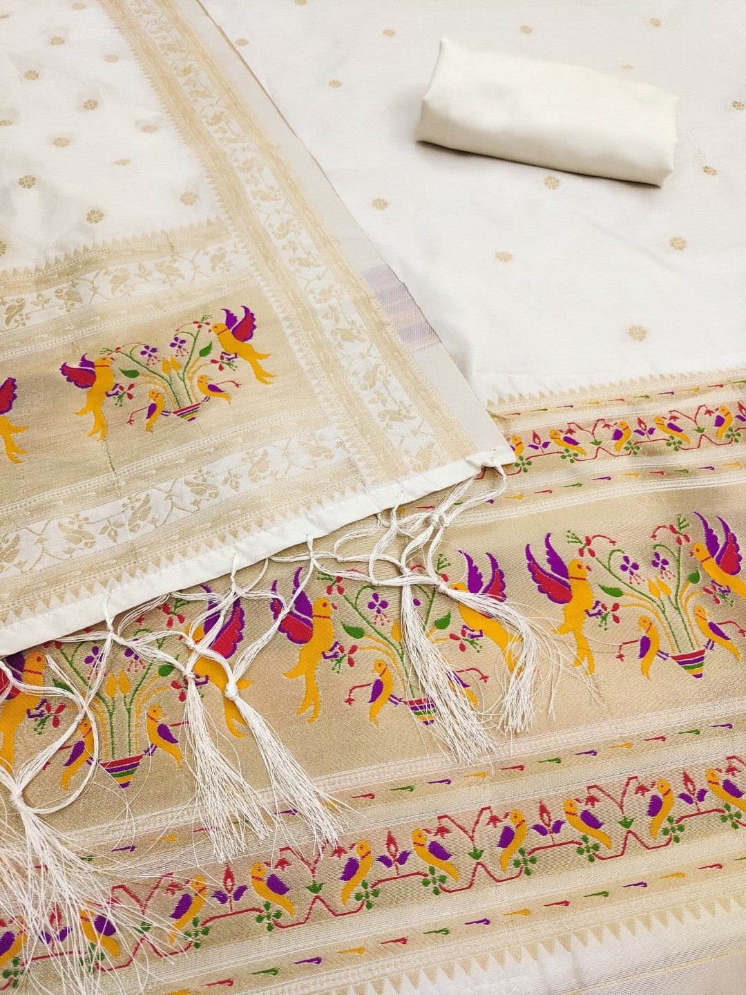 Elegant White Banarasi Silk Unstitched Dress Material with Dupatta - Image 2