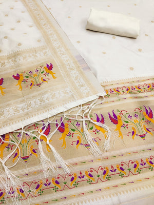 Elegant White Banarasi Silk Unstitched Dress Material with Dupatta - Image 2
