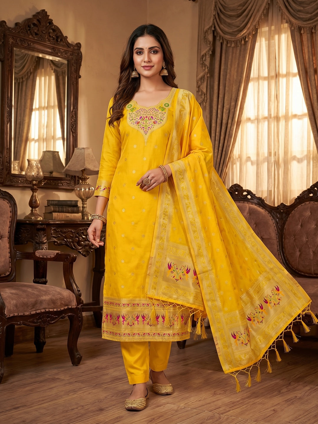 Elegant Yellow Banarasi Silk Unstitched Dress Material with Dupatta - Image 1