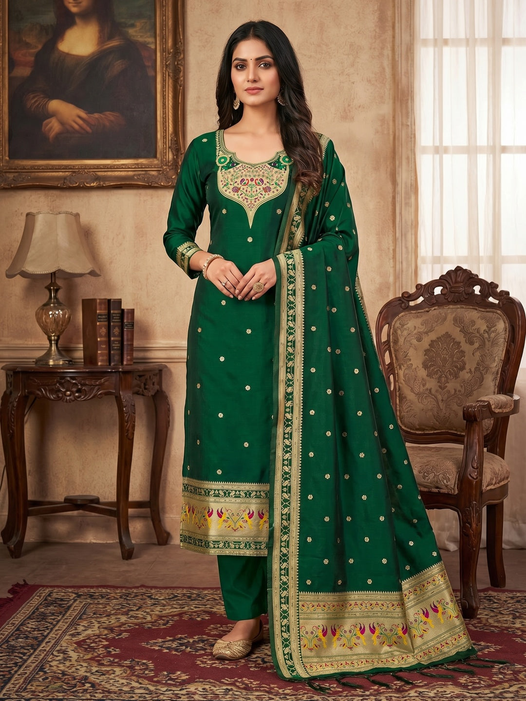 Elegant Bottle Green Banarasi Silk Unstitched Dress Material with Dupatta - Image 1