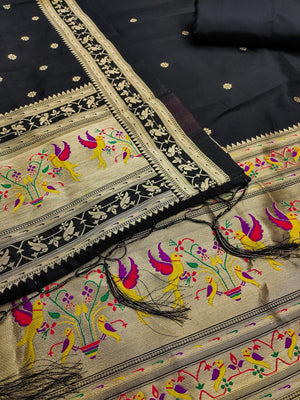 Elegant Black Banarasi Silk Unstitched Dress Material with Dupatta - Image 2