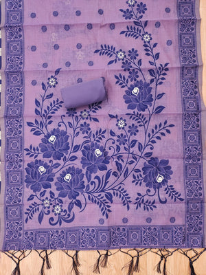 Purple Cotton Blend Dress Material with Floral Patterns and Jamdani Woven Detailing - Image 2