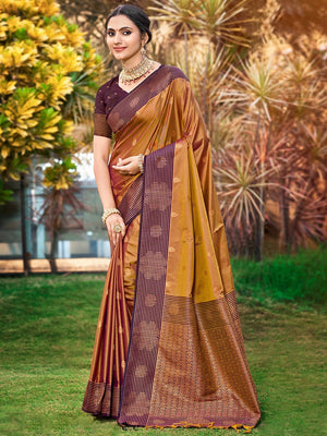 Graceful Golden Brown Zari Woven Silk Blend Saree With Floral Motif Detailing & Elegant Tassels Pallu - Image 1