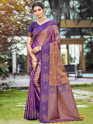 Graceful Violet Zari Woven Silk Blend Saree With Floral Motif Detailing & Elegant Tassels Pallu - Image 1