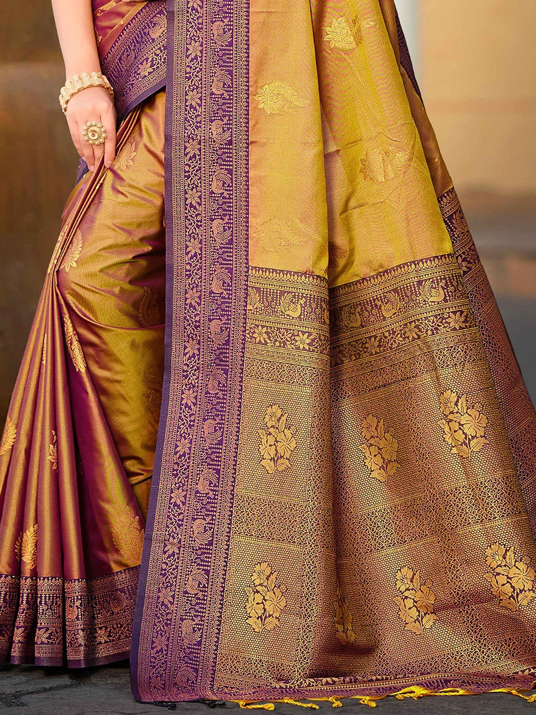 Classic Golden Brown Peacock & Floral Motif Zari Woven Silk Blend Saree With Decorative Tassel Pallu - Image 2