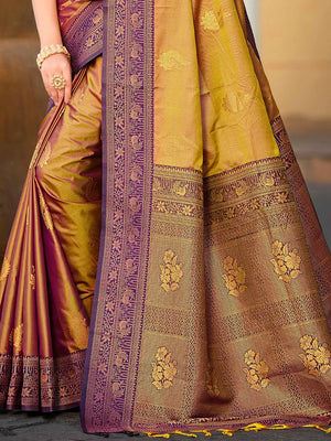 Classic Golden Brown Peacock & Floral Motif Zari Woven Silk Blend Saree With Decorative Tassel Pallu - Image 2