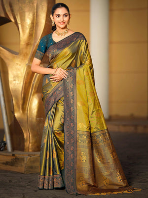 Classic Mehendi Green Peacock & Floral Motif Zari Woven Silk Blend Saree With Decorative Tassel Pallu - Image 1