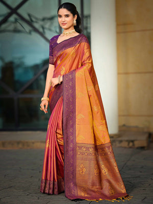 Classic Burnt Orange Peacock & Floral Motif Zari Woven Silk Blend Saree With Decorative Tassel Pallu - Image 1