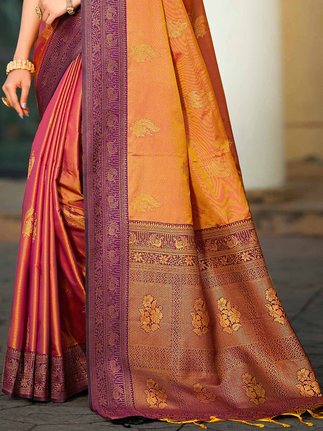Classic Burnt Orange Peacock & Floral Motif Zari Woven Silk Blend Saree With Decorative Tassel Pallu - Image 2