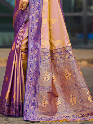 Classic Beige Peacock & Floral Motif Zari Woven Silk Blend Saree With Decorative Tassel Pallu - Image 2