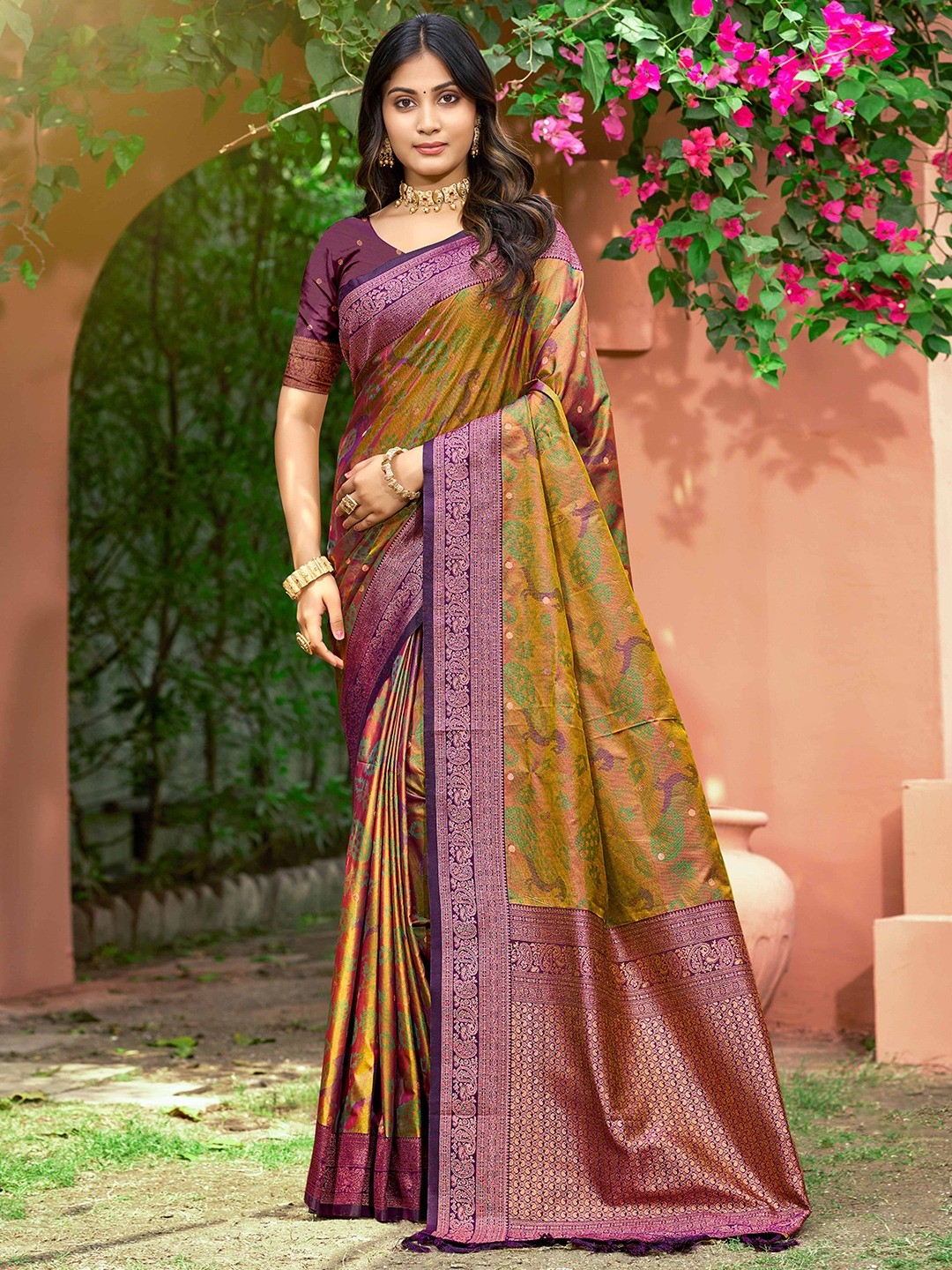 Luxury Dark Mustard Zari Woven Silk Blend Saree With Paisley Motif Border & Attractive Tassel Pallu - Image 1