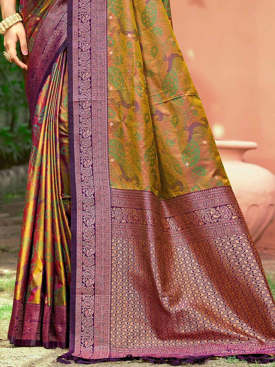 Luxury Dark Mustard Zari Woven Silk Blend Saree With Paisley Motif Border & Attractive Tassel Pallu - Image 2