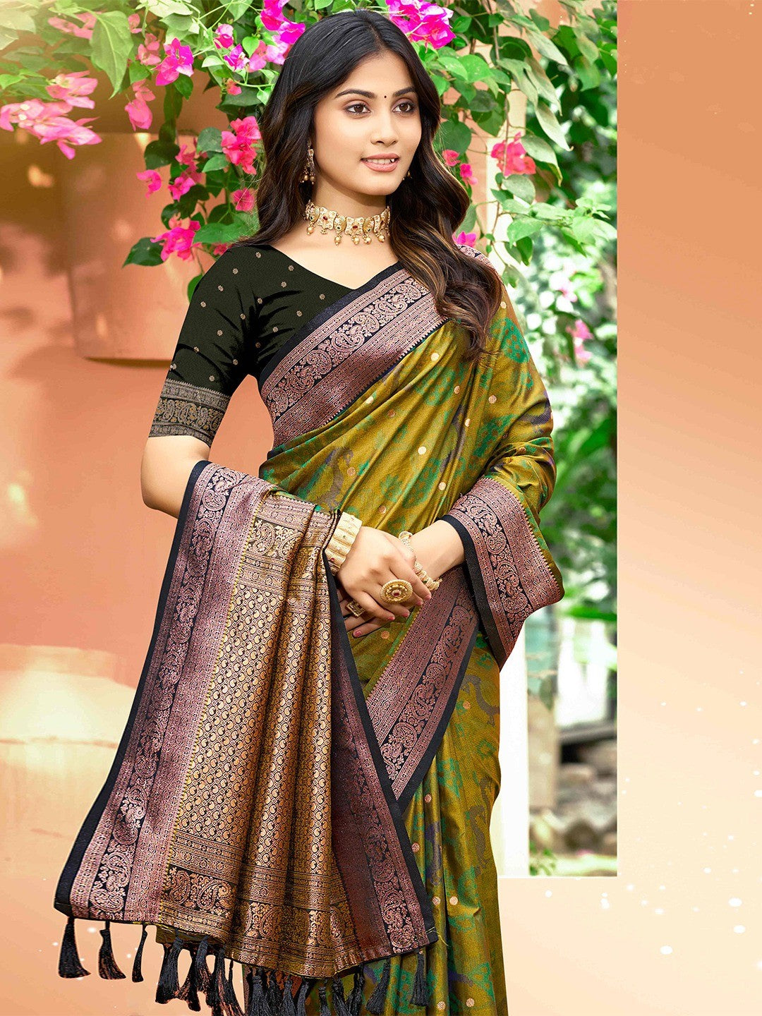 Luxury Mehendi Green Zari Woven Silk Blend Saree With Paisley Motif Border & Attractive Tassel Pallu - Image 4