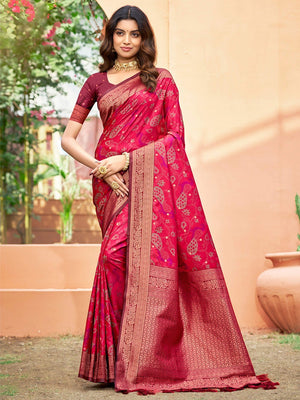 Luxury Pink Zari Woven Silk Blend Saree With Paisley Motif Border & Attractive Tassel Pallu - Image 1