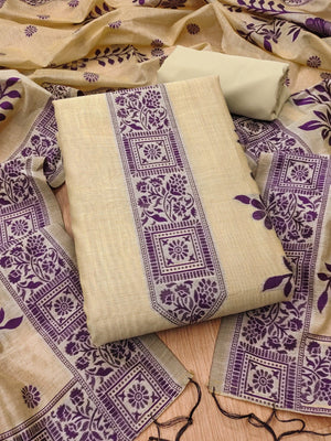 Cream Cotton Blend Dress Material with Floral Patterns and Jamdani Woven Detailing - Image 1