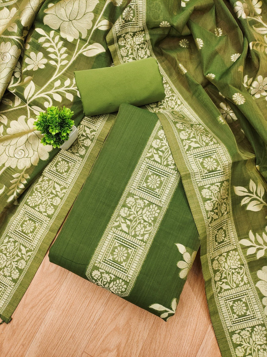 Green Cotton Blend Dress Material with Floral Patterns and Jamdani Woven Detailing - Image 4