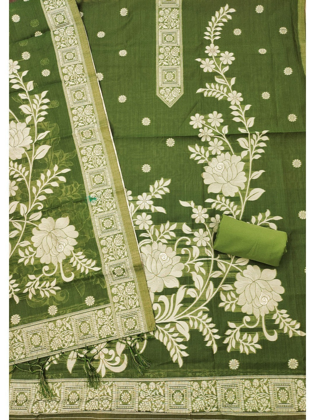 Green Cotton Blend Dress Material with Floral Patterns and Jamdani Woven Detailing - Image 5