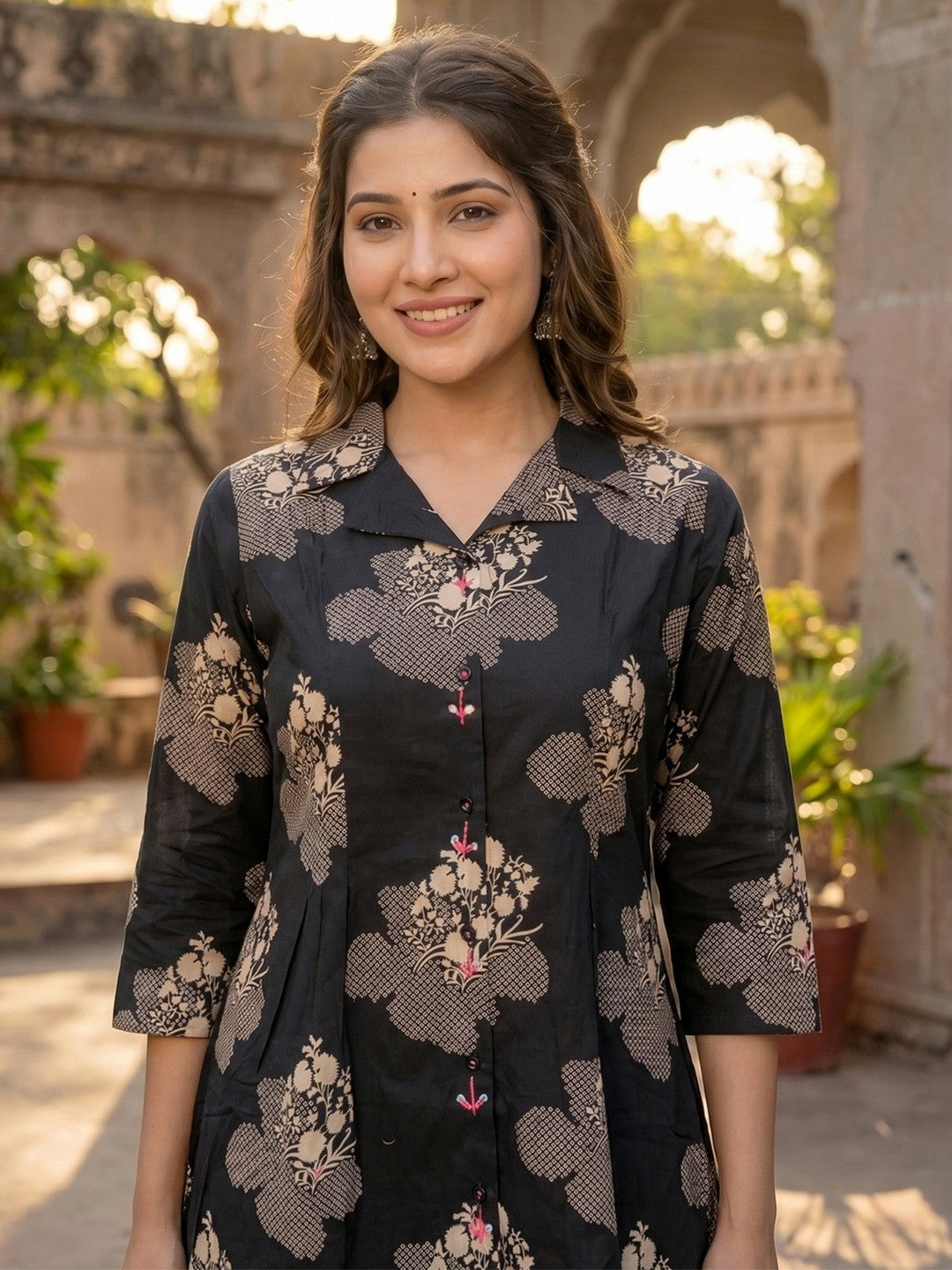 Black Pure Cotton A-Line Top and Bottom Set with Subtle Floral Prints - Image 3