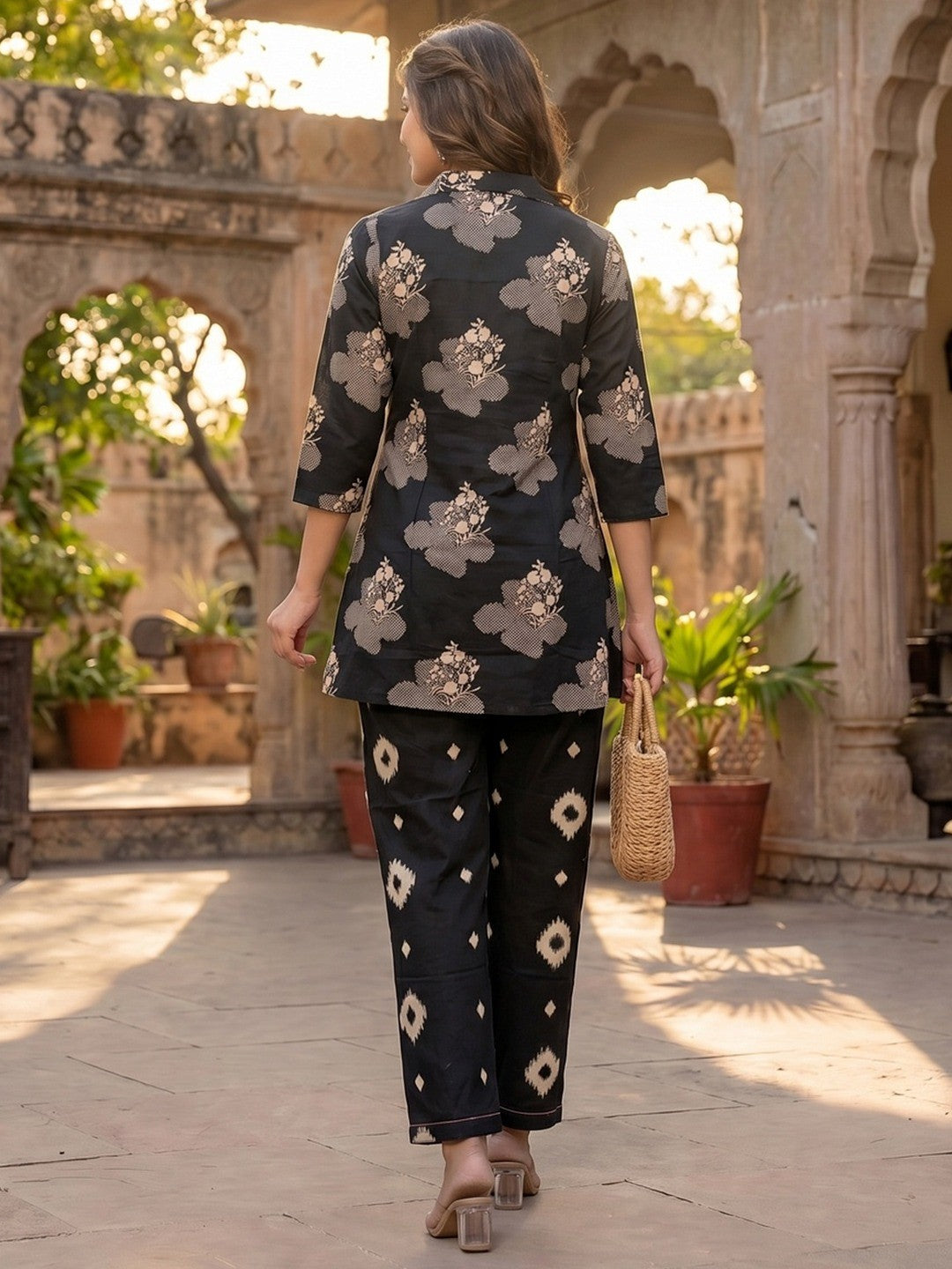 Black Pure Cotton A-Line Top and Bottom Set with Subtle Floral Prints - Image 2