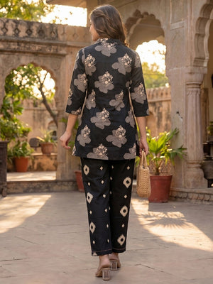 Black Pure Cotton A-Line Top and Bottom Set with Subtle Floral Prints - Image 2