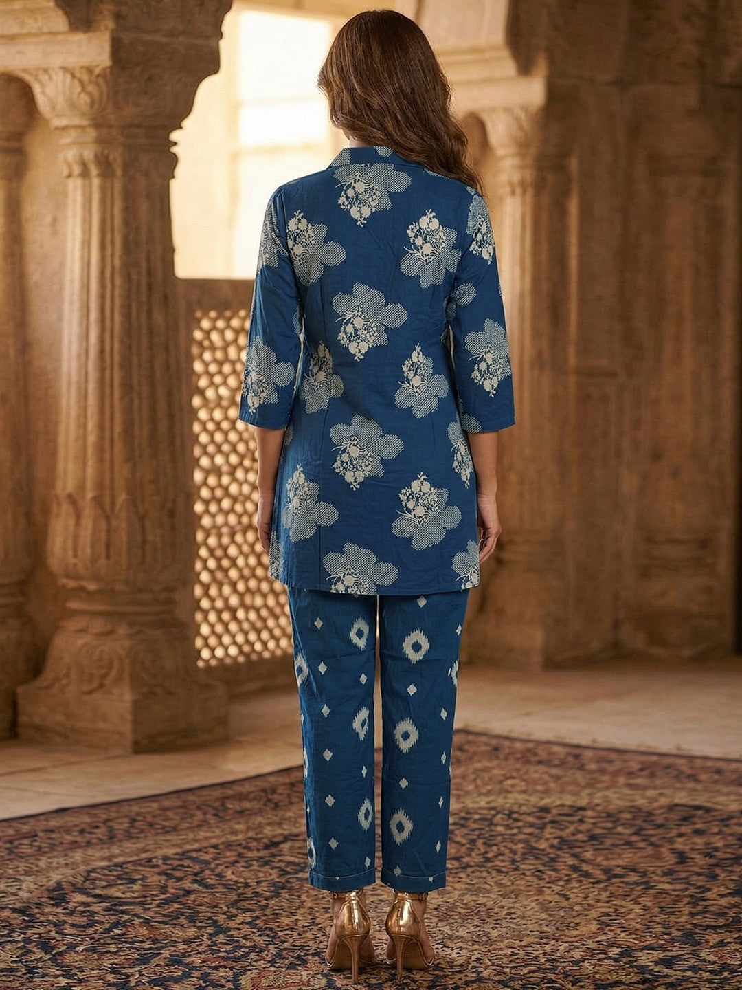 Blue Pure Cotton A-Line Top and Bottom Set with Subtle Floral Prints - Image 4
