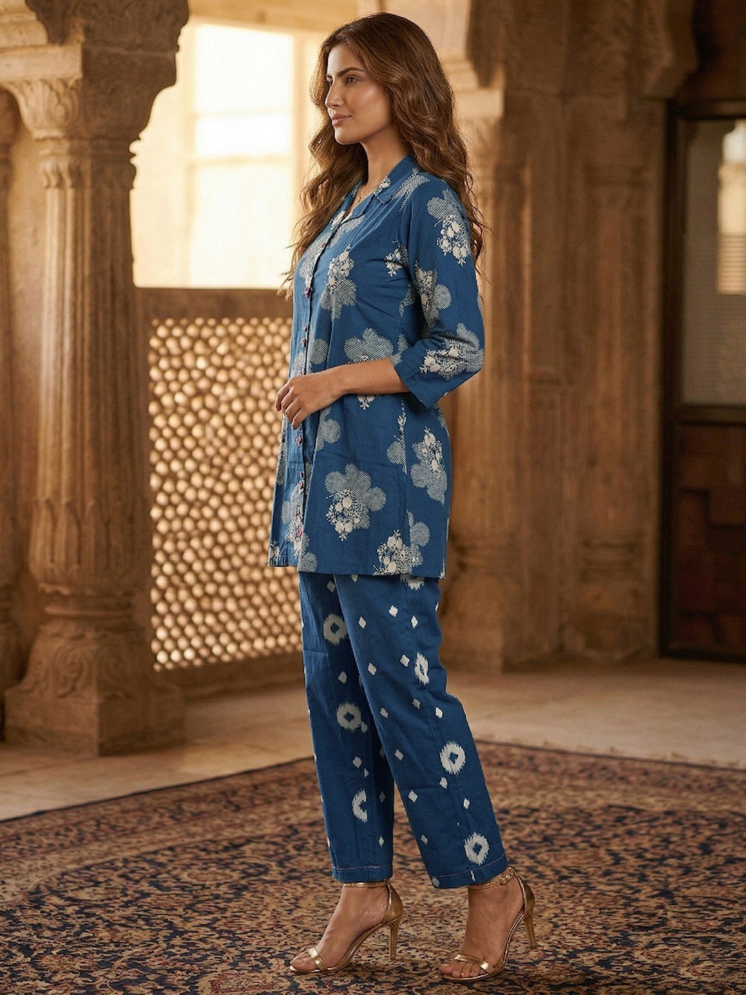 Blue Pure Cotton A-Line Top and Bottom Set with Subtle Floral Prints - Image 2
