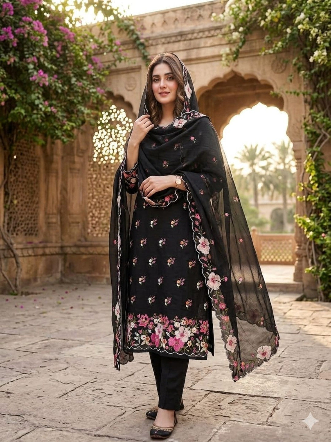 Classic Black Floral Thread Embroidered Roman Art Silk Dress Material Adorned With Sequins Work - Image 1