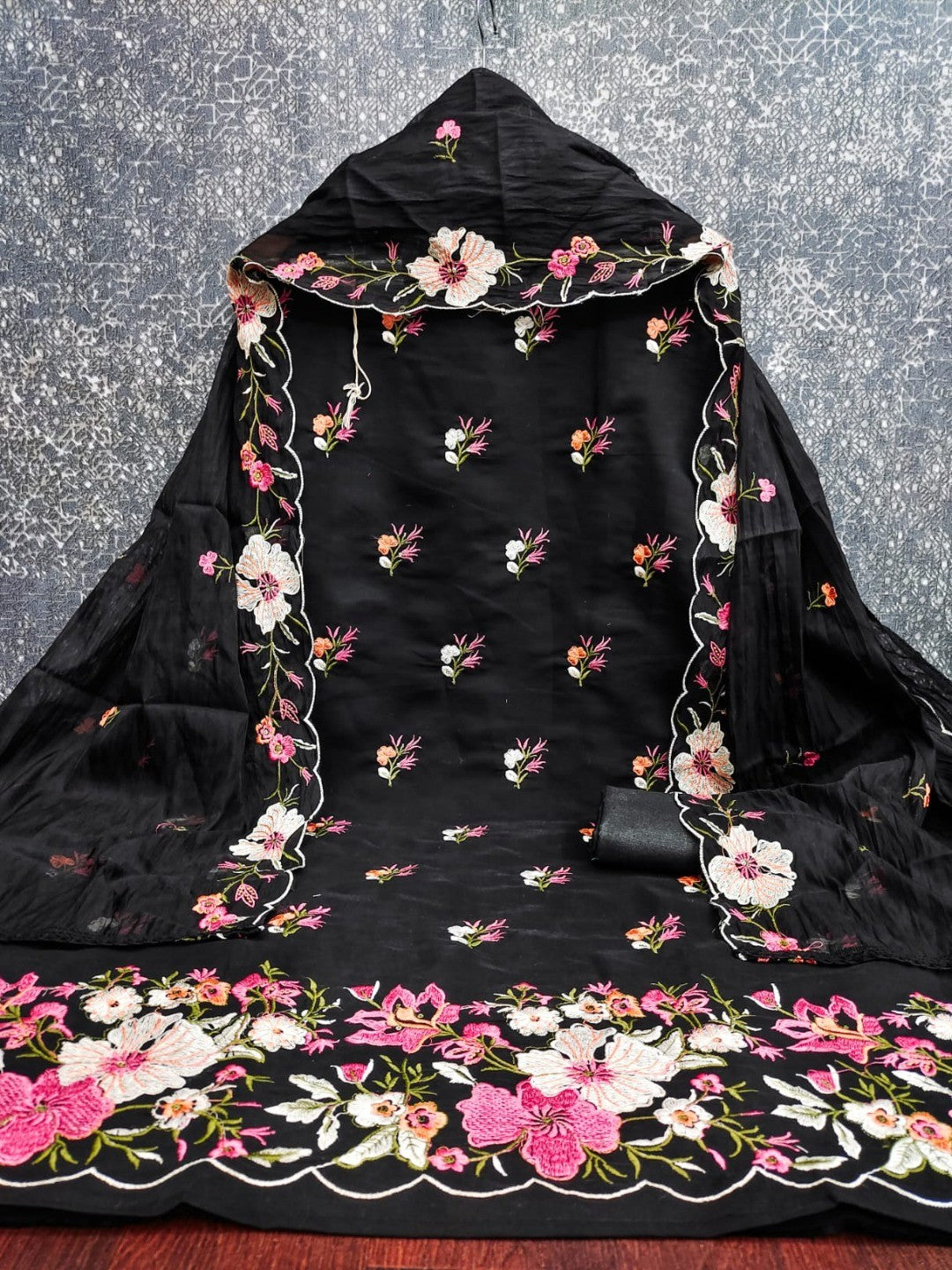 Classic Black Floral Thread Embroidered Roman Art Silk Dress Material Adorned With Sequins Work - Image 2