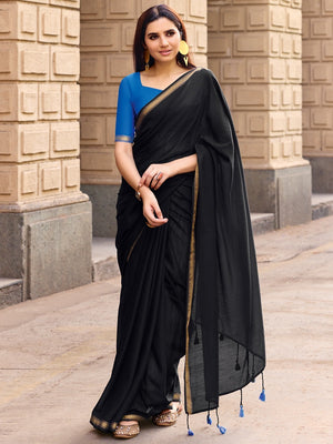 Charming Black Solid Mulmul Cotton Saree Highlighted By Zari Weaving Border & Tassel Pallu - Image 1