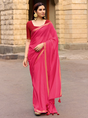 Charming Pink Solid Mulmul Cotton Saree Highlighted By Zari Weaving Border & Tassel Pallu - Image 1