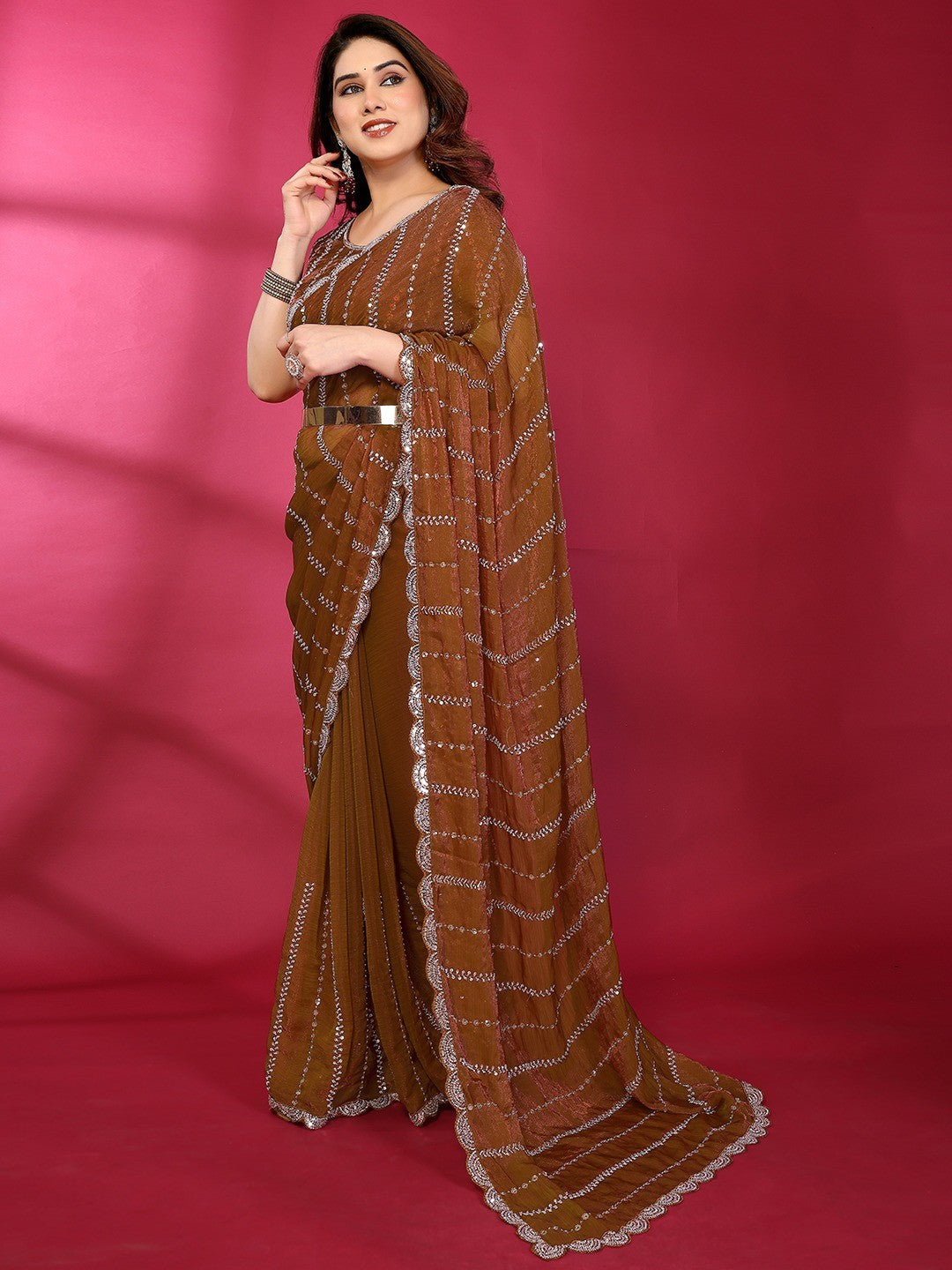 Radiant Brown Striped Pattern Satin Silk Saree Featuring Intricate Sequins & Beads Embellishment - Image 5