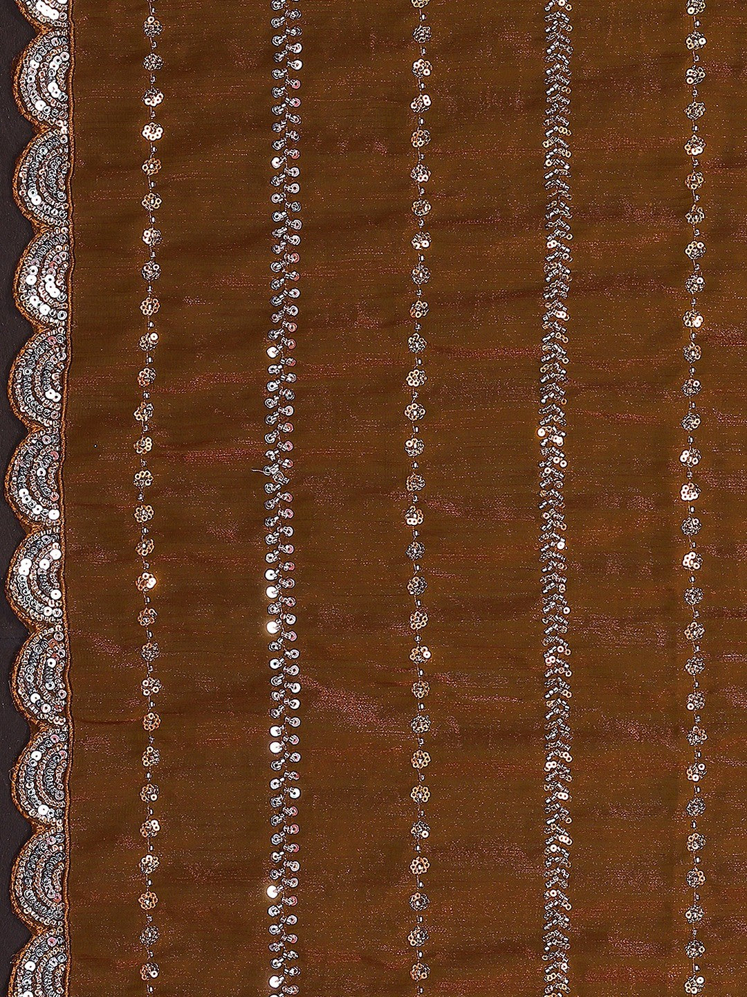 Radiant Brown Striped Pattern Satin Silk Saree Featuring Intricate Sequins & Beads Embellishment - Image 2