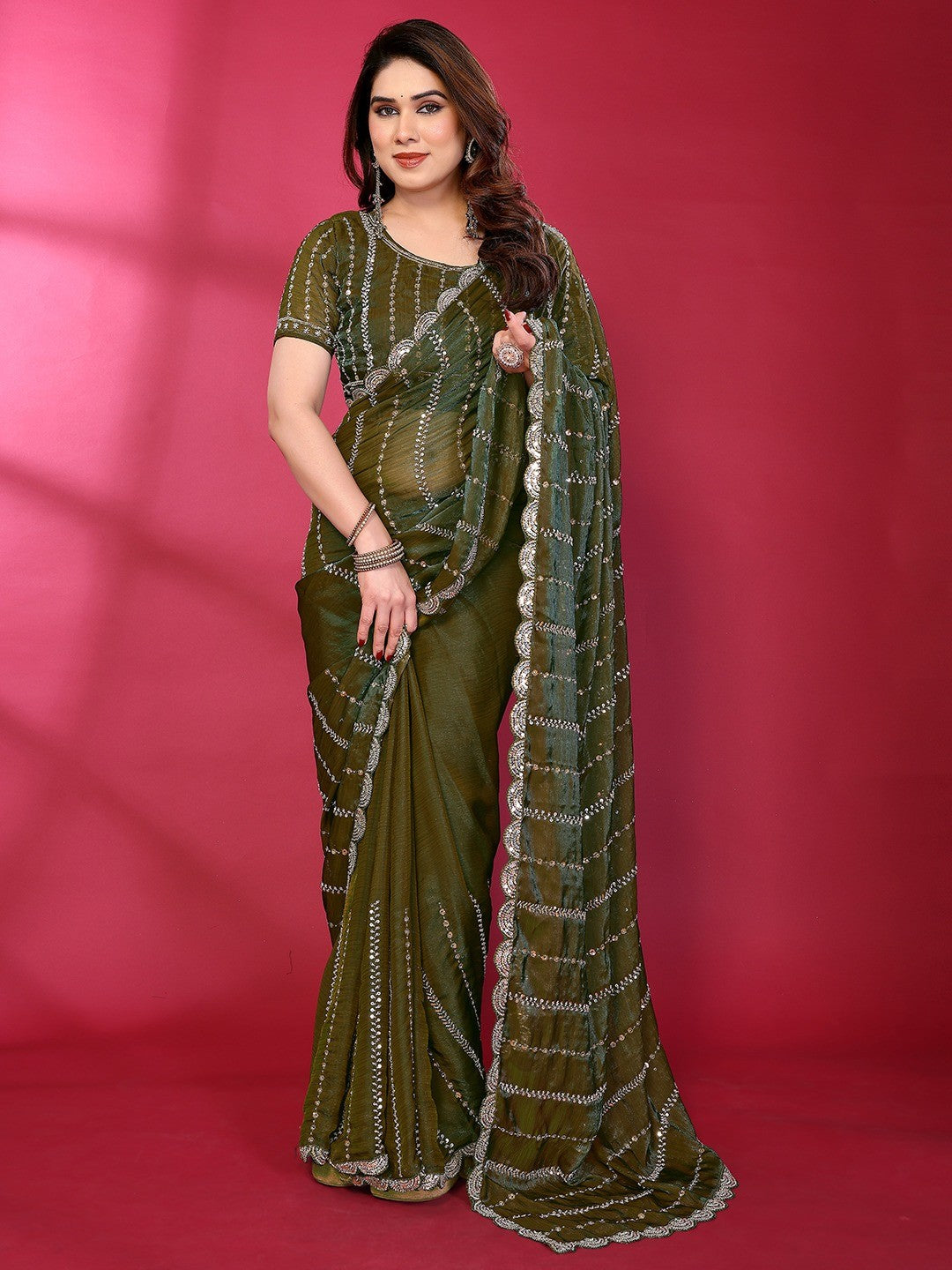 Radiant Green Striped Pattern Satin Silk Saree Featuring Intricate Sequins & Beads Embellishment - Image 5