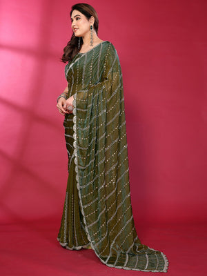 Radiant Green Striped Pattern Satin Silk Saree Featuring Intricate Sequins & Beads Embellishment - Image 2