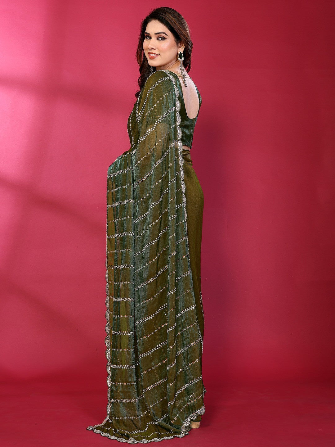 Radiant Green Striped Pattern Satin Silk Saree Featuring Intricate Sequins & Beads Embellishment - Image 6