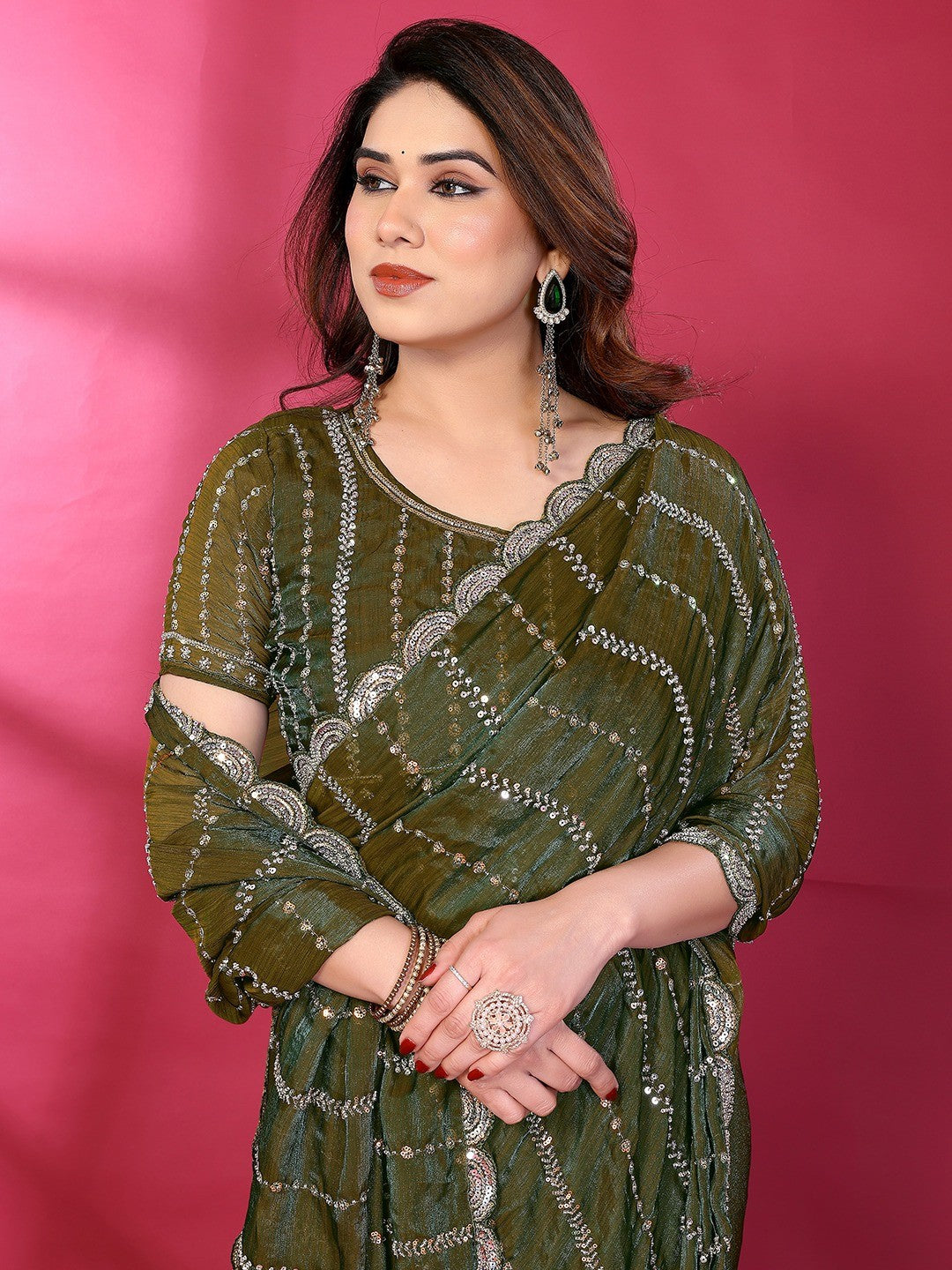 Radiant Green Striped Pattern Satin Silk Saree Featuring Intricate Sequins & Beads Embellishment - Image 4