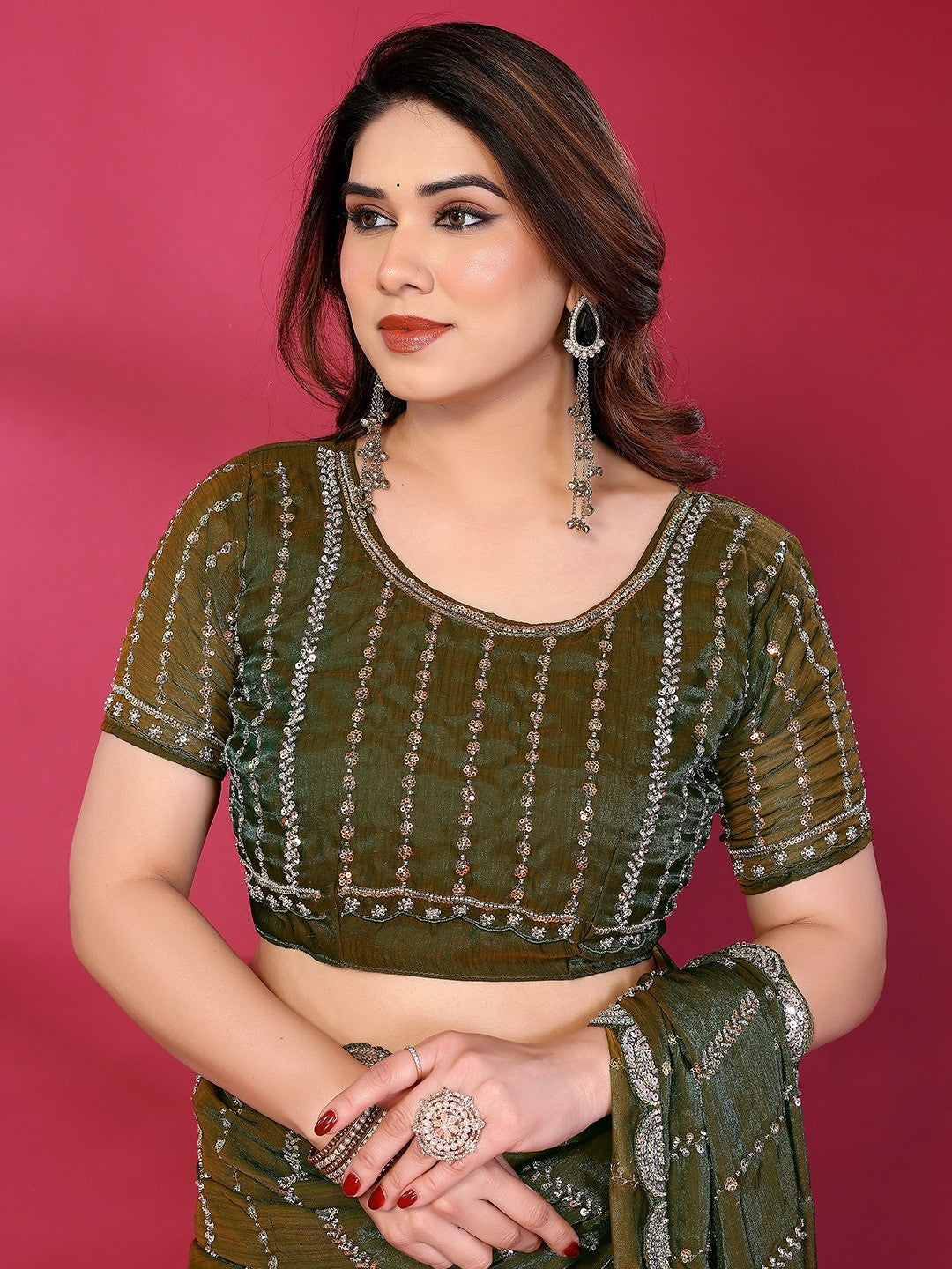 Radiant Green Striped Pattern Satin Silk Saree Featuring Intricate Sequins & Beads Embellishment - Image 3
