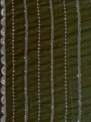 Radiant Green Striped Pattern Satin Silk Saree Featuring Intricate Sequins & Beads Embellishment - Image 2