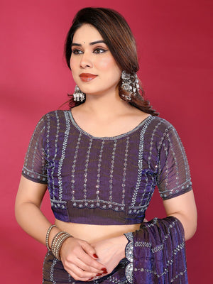 Radiant Purple Striped Pattern Satin Silk Saree Featuring Intricate Sequins & Beads Embellishment - Image 2