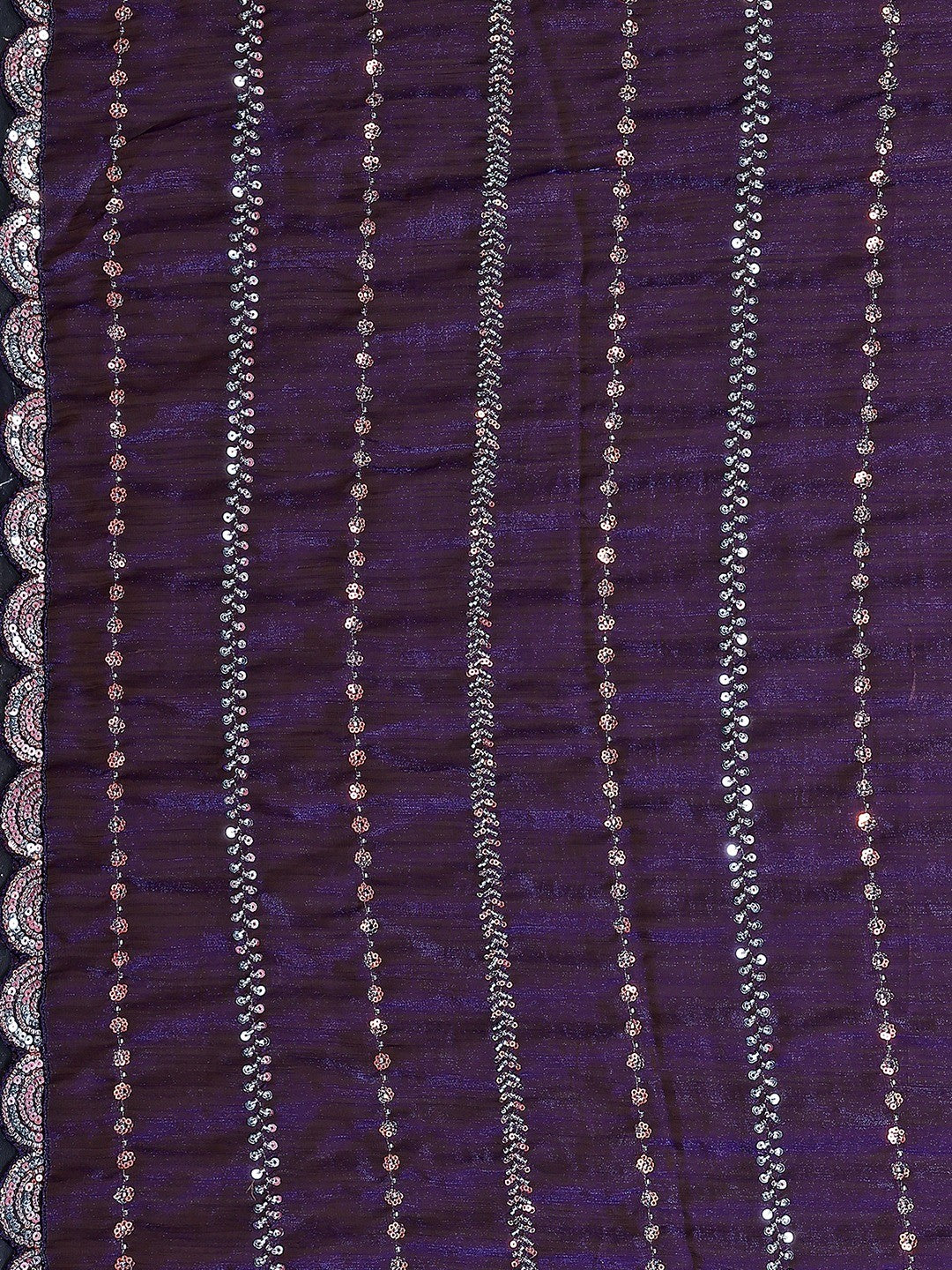 Radiant Purple Striped Pattern Satin Silk Saree Featuring Intricate Sequins & Beads Embellishment - Image 2