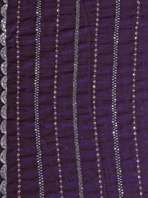Radiant Purple Striped Pattern Satin Silk Saree Featuring Intricate Sequins & Beads Embellishment - Image 2