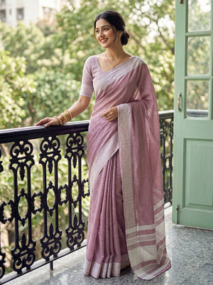 Magenta Linen Saree with Silver Zari Border Stylish Lightweight Ethnic Outfit - Image 1