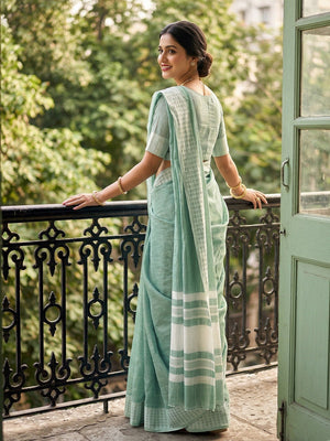 Rama Green Linen Saree with Silver Zari Border Stylish Lightweight Ethnic Outfit - Image 2