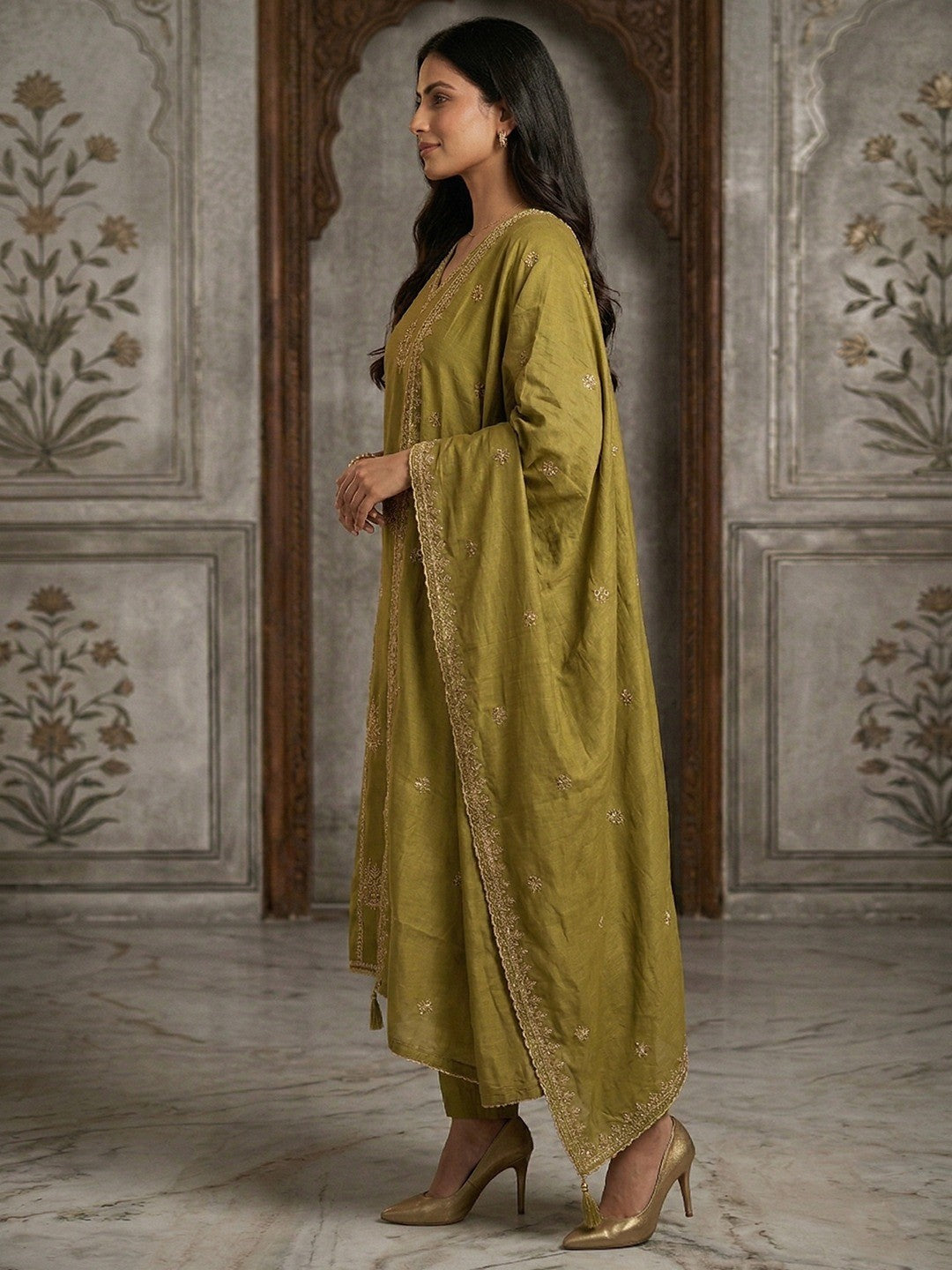 Olive Viscose A-Line Salwar Suit for Women with Delicate Embroidery For Elegant Ethnic Wear - Image 3