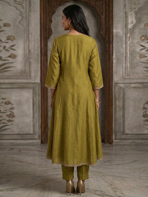 Olive Viscose A-Line Salwar Suit for Women with Delicate Embroidery For Elegant Ethnic Wear - Image 2