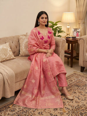 Premium Pink Striped Weaving Silk Blend Dress Material Enhanced with Beads & Moti Hand Work - Image 1