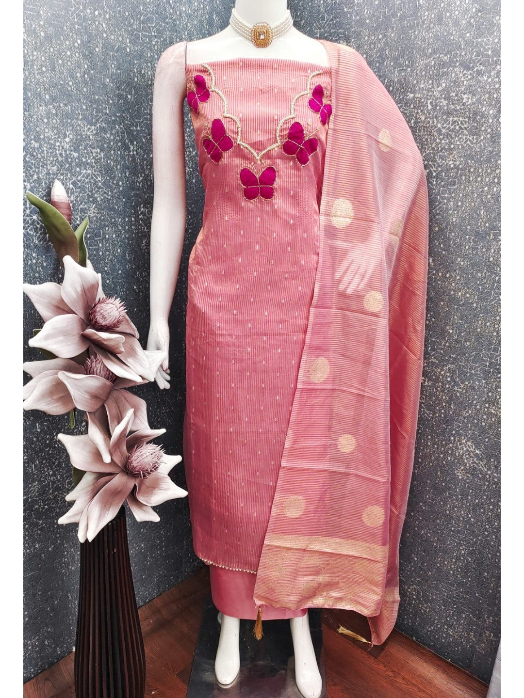 Premium Pink Striped Weaving Silk Blend Dress Material Enhanced with Beads & Moti Hand Work - Image 4