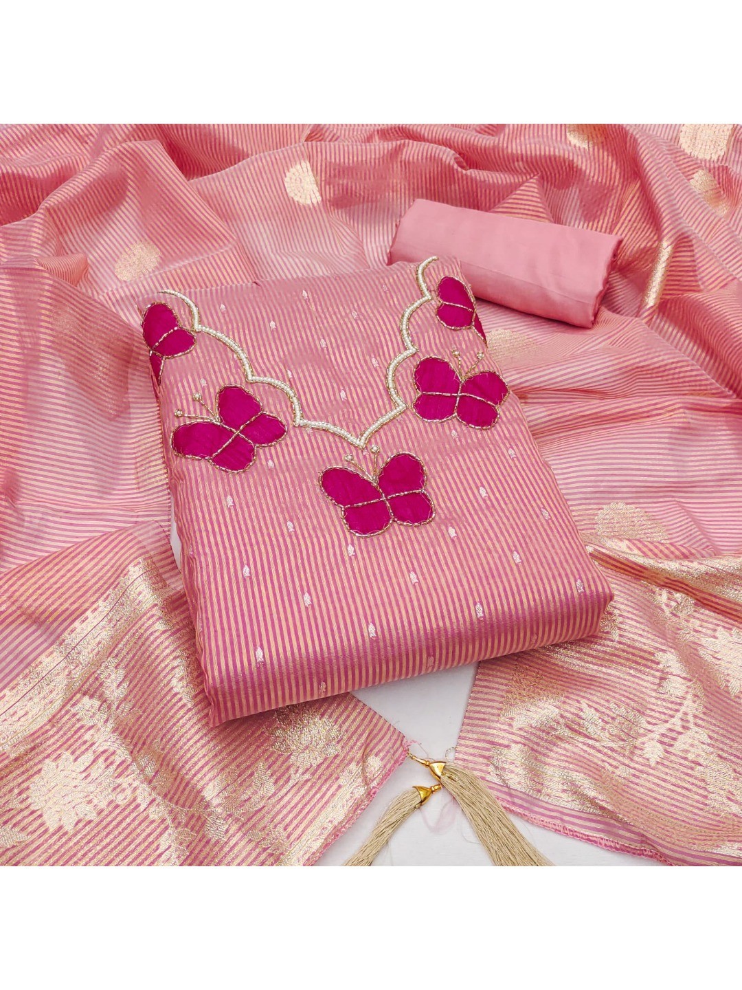 Premium Pink Striped Weaving Silk Blend Dress Material Enhanced with Beads & Moti Hand Work - Image 6