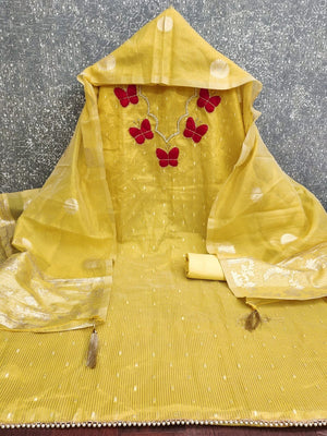 Premium Yellow Striped Weaving Silk Blend Dress Material Enhanced with Beads & Moti Hand Work - Image 2